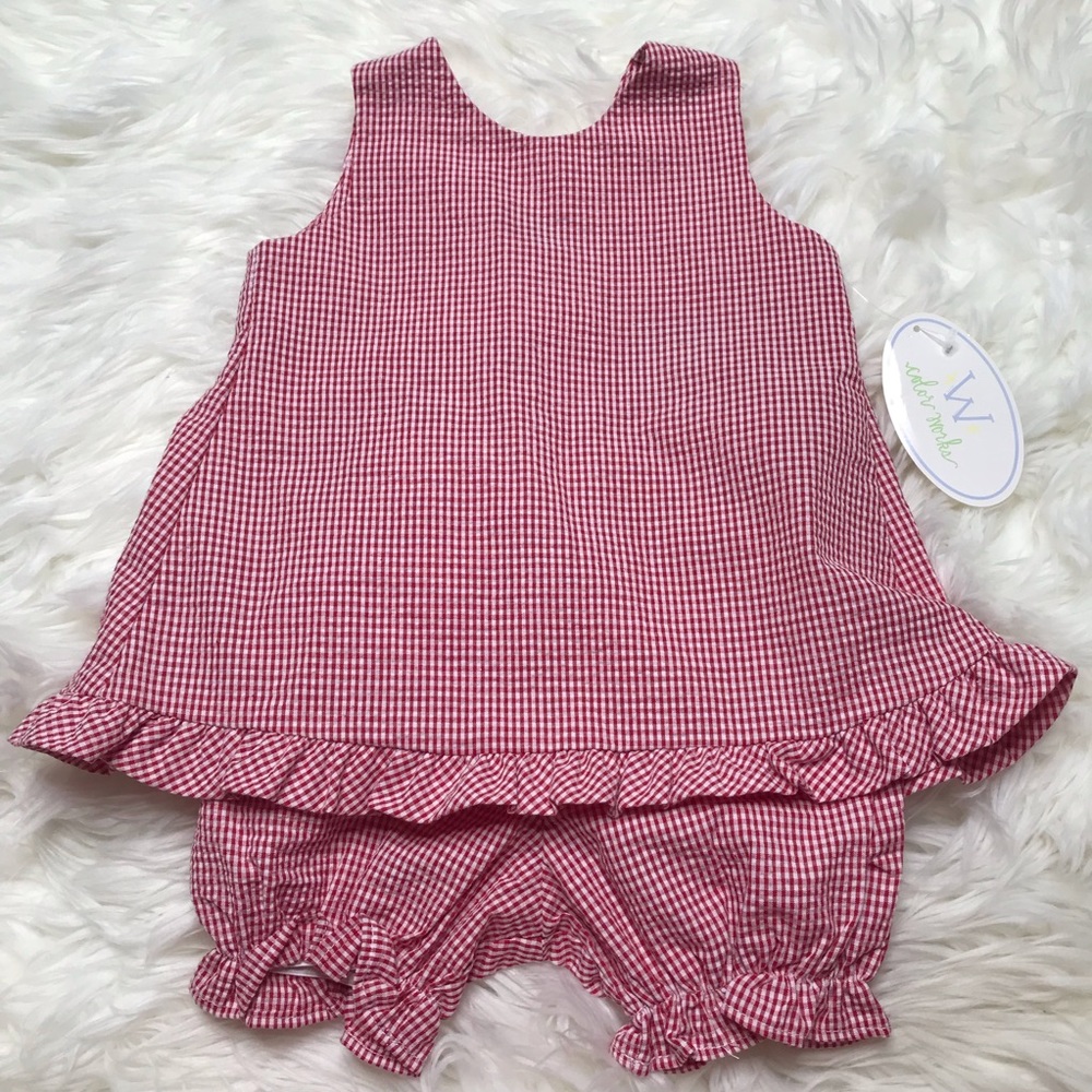 🆕 W Color Works NWT red and white seersucker 2 piece set size 24 months